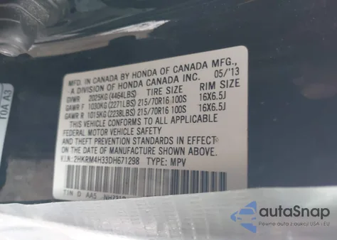 2013 Honda Cr-V Lx from USA, damaged, VIN 2HKRM4H33DH671298